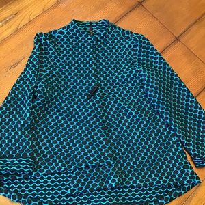Stretchy asymmetrical teal and black jacket